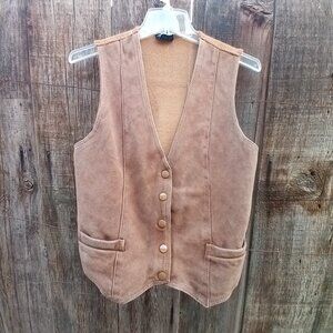 VINTAGE BRONSON LEATHER ACRYLIC BLEND VEST WOMEN L BROWN SNAP CLOSURE Y2K